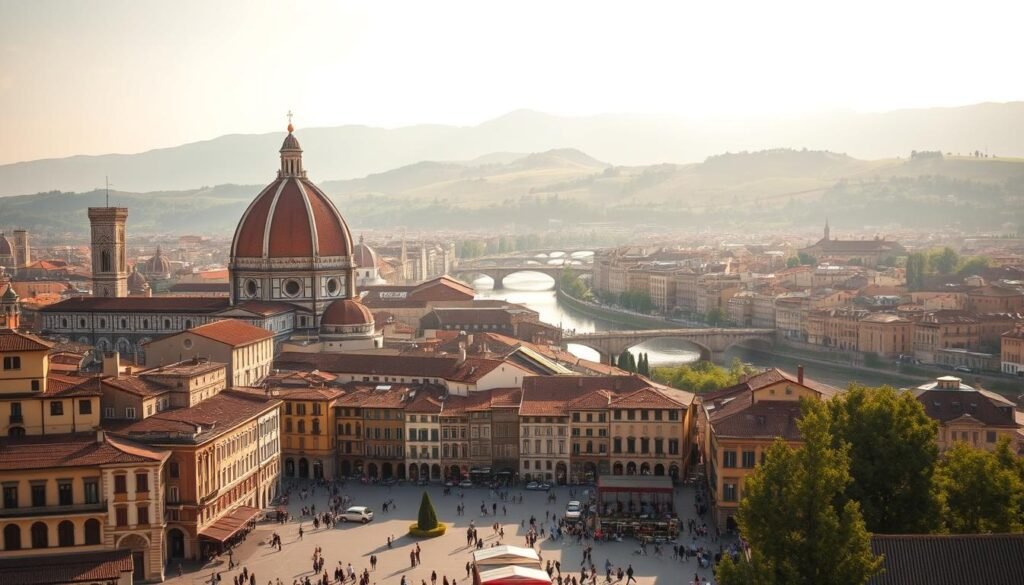 A picturesque scene of Florence, the cradle of the Italian Renaissance. In the foreground, a bustling piazza filled with Renaissance architecture, including the iconic Duomo with its striking red-tiled dome. Warm, golden light filters through the skyline, casting a romantic glow over the charming cobblestone streets and cafés. In the middle ground, the Arno River winds its way through the historic city, lined with charming bridges and palazzo facades. In the background, the rolling Tuscan hills rise up, dotted with verdant olive groves and vineyards, hinting at the scenic countryside beyond. An atmospheric, timeless depiction of the city's enduring artistic and cultural legacy.