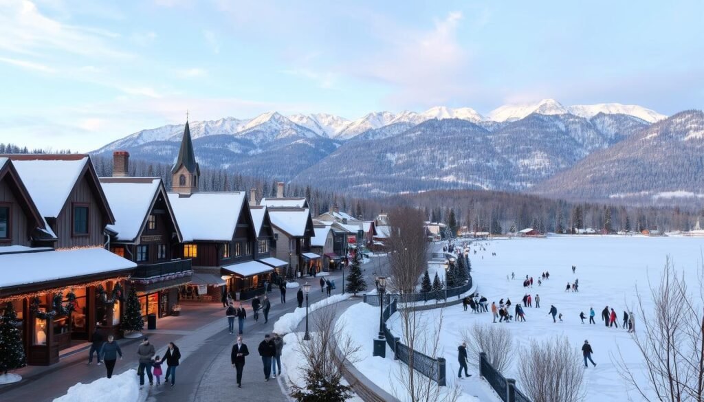 A picturesque winter scene of a cozy town nestled in a snow-covered landscape. In the foreground, a charming Main Street lined with quaint shops and cafes, their facades adorned with twinkling lights and festive decorations. Families stroll along the sidewalks, bundled up against the crisp, cold air. In the middle ground, a frozen lake reflects the warm glow of the town, with skaters gliding across its surface. In the background, a range of majestic mountains rises, their peaks dusted with a fresh layer of pristine white snow. The sky is a soft, hazy blue, with wispy clouds drifting overhead. The overall atmosphere is one of tranquility, wonder, and the magic of the holiday season.