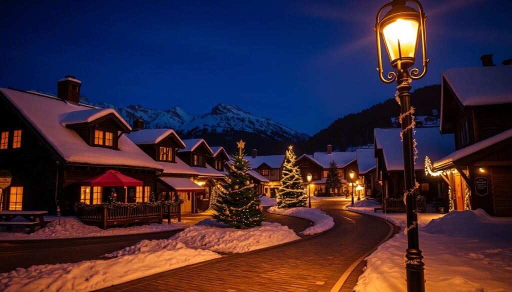 A quaint, snow-dusted village nestled in a mountainous landscape, its streets adorned with a dazzling display of uncrowded holiday lights. Warm, amber-toned illumination casts a soft glow over the cobblestone roads, bathing the charming cottages and shops in a cozy, festive ambiance. In the foreground, a single lamppost stands tall, its delicate bulbs twinkling like stars against the crisp, clear night sky. The middle ground features a small, winding path leading through a picturesque town square, where a modest Christmas tree stands, its branches sparkling with delicate ornaments. In the distance, the silhouettes of snow-capped peaks rise majestically, creating a serene and enchanting backdrop for this alternative, affordable holiday destination.