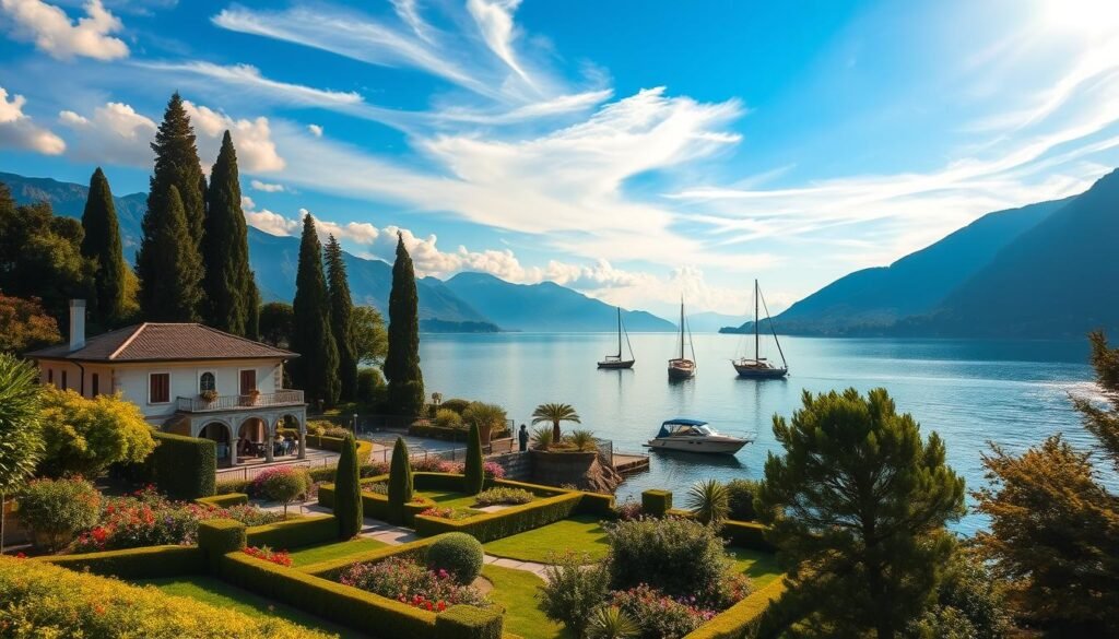 A serene lakeside vista at Lake Como, Italy. In the foreground, a picturesque villa nestled among lush, well-manicured gardens with vibrant flowers and neatly trimmed hedges. The middle ground features a peaceful, shimmering lake reflecting the surrounding mountains and azure sky. Tall, graceful cypress trees line the shoreline. Elegant sailboats and vintage wooden motorboats dot the calm waters. Warm, golden sunlight filters through wispy clouds, casting a soft, romantic glow over the entire scene. The atmosphere is one of tranquility, luxury, and timeless Italian beauty.