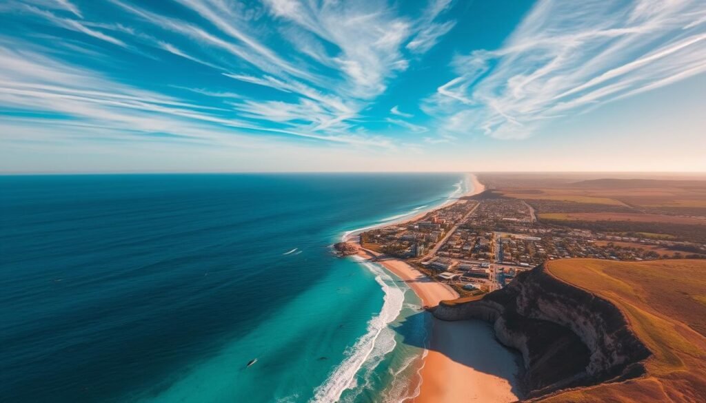 A stunning aerial vista of the iconic East Coast of Australia, bathed in warm golden light. In the foreground, a pristine white-sand beach curves along the shore, framed by swaying palm trees and rugged coastal cliffs. The middle ground reveals a vibrant surf town, its colorful buildings and lively promenade bustling with activity. Further in the distance, the azure waters of the Coral Sea glisten, dotted with the silhouettes of breaching whales and playful dolphins. Overhead, wispy cirrus clouds drift across a vast, cerulean sky, creating a sense of tranquility and adventure. This breathtaking scene captures the essence of the East Coast's alluring blend of natural beauty, outdoor pursuits, and coastal charm.