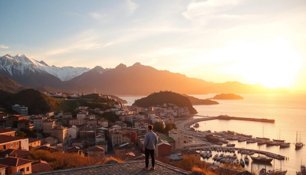 A stunning panoramic landscape, illuminated by the warm glow of a golden hour sunset. In the foreground, a picturesque seaside town nestled among rolling hills, its quaint architecture and cobblestone streets inviting exploration. Towering mountains rise majestically in the distance, their snow-capped peaks reflecting the vibrant hues of the sky. A serene harbor dotted with traditional fishing boats adds to the tranquil ambiance, while a lone figure stands gazing out at the breathtaking scenery, capturing the moment's magic. The scene evokes a sense of timeless wonder, where the beauty of nature and the charm of a unique cultural destination converge, creating an unforgettable "I'll never forget this" moment. A stunning panoramic landscape, illuminated by the warm glow of a golden hour sunset. In the foreground, a picturesque seaside town nestled among rolling hills, its quaint architecture and cobblestone streets inviting exploration. Towering mountains rise majestically in the distance, their snow-capped peaks reflecting the vibrant hues of the sky. A serene harbor dotted with traditional fishing boats adds to the tranquil ambiance, while a lone figure stands gazing out at the breathtaking scenery, capturing the moment's magic. The scene evokes a sense of timeless wonder, where the beauty of nature and the charm of a unique cultural destination converge, creating an unforgettable "I'll never forget this" moment.