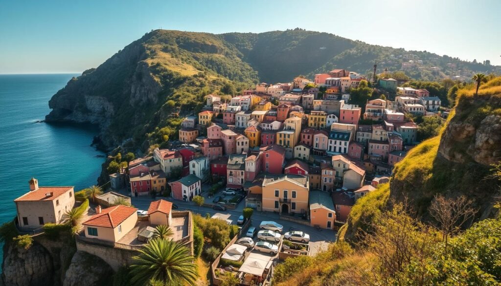 A stunning vista of Cinque Terre's picturesque villages nestled amidst rugged cliffs and azure Mediterranean waters. In the foreground, colorful houses cling to the rocky terrain, their pastel facades complemented by the lush greenery of terraced vineyards. In the middle ground, narrow streets wind through the charming towns, leading the eye towards the shimmering sea. In the background, the dramatic coastline rises up, its steep slopes capped by the verdant foliage of the Cinque Terre National Park. Warm, golden sunlight bathes the scene, casting a soft, romantic glow and highlighting the unique architectural features. The overall composition conveys the breathtaking beauty and timeless allure of this iconic Italian destination.