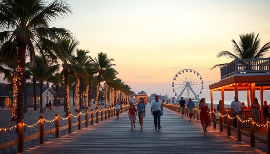 A sun-drenched beach at twilight, palm trees swaying gently in the breeze. Warm, glowing string lights adorn the wooden boardwalk, casting a soft, inviting glow across the sand. In the distance, a ferris wheel silhouetted against a pastel sky, its lights twinkling merrily. Families and couples stroll along the path, laughter and the sound of waves lapping at the shore. A serene, magical atmosphere, perfect for a cozy, festive getaway.