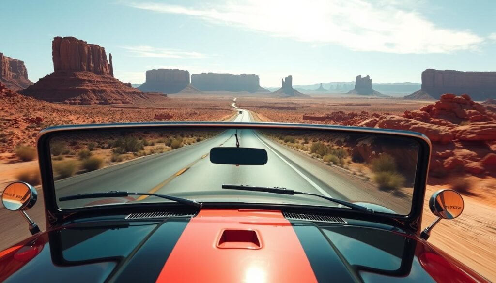 A sun-drenched desert highway winds through rugged, ochre-hued canyons, the road stretching into the distant horizon. In the foreground, a classic American muscle car, its chrome trim gleaming, cruises along the asphalt, kicking up a trail of dust. The wide windshield frames a breathtaking vista of towering mesas and a cloudless, azure sky. The scene evokes a sense of freedom, adventure, and the thrill of the open road, perfectly capturing the spirit of an epic road trip. A sun-drenched desert highway winds through rugged, ochre-hued canyons, the road stretching into the distant horizon. In the foreground, a classic American muscle car, its chrome trim gleaming, cruises along the asphalt, kicking up a trail of dust. The wide windshield frames a breathtaking vista of towering mesas and a cloudless, azure sky. The scene evokes a sense of freedom, adventure, and the thrill of the open road, perfectly capturing the spirit of an epic road trip.