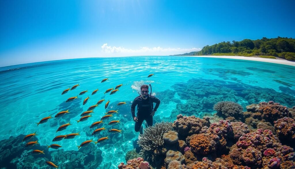 A sun-drenched seascape of the Great Barrier Reef, where crystal-clear turquoise waters meet a vibrant underwater world. In the foreground, a school of tropical fish dart between vibrant coral formations. The middle ground features a snorkeler exploring the reef, their silhouette backlit by the warm glow of the Australian sun. In the distance, a white-sand beach and lush, verdant foliage line the horizon, hinting at the diverse landscapes of the region. The scene is captured with a wide-angle lens, conveying a sense of immersion and wonder, perfect for showcasing the best times to visit this natural wonder. A sun-drenched seascape of the Great Barrier Reef, where crystal-clear turquoise waters meet a vibrant underwater world. In the foreground, a school of tropical fish dart between vibrant coral formations. The middle ground features a snorkeler exploring the reef, their silhouette backlit by the warm glow of the Australian sun. In the distance, a white-sand beach and lush, verdant foliage line the horizon, hinting at the diverse landscapes of the region. The scene is captured with a wide-angle lens, conveying a sense of immersion and wonder, perfect for showcasing the best times to visit this natural wonder.