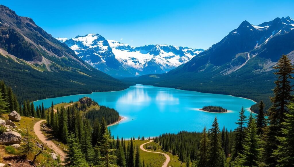 A sweeping vista of a majestic national park, with towering snow-capped peaks rising against a clear azure sky. In the foreground, a pristine alpine lake reflects the surrounding mountains, its crystal-clear waters shimmering in the warm afternoon sun. Lush evergreen forests line the shores, their verdant hues contrasting with the gray rocky outcroppings that dot the landscape. A winding trail leads through the valley, inviting the viewer to explore the untamed beauty of this protected wilderness. The scene is infused with a sense of tranquility and awe, capturing the essence of the natural world in all its breathtaking glory. A sweeping vista of a majestic national park, with towering snow-capped peaks rising against a clear azure sky. In the foreground, a pristine alpine lake reflects the surrounding mountains, its crystal-clear waters shimmering in the warm afternoon sun. Lush evergreen forests line the shores, their verdant hues contrasting with the gray rocky outcroppings that dot the landscape. A winding trail leads through the valley, inviting the viewer to explore the untamed beauty of this protected wilderness. The scene is infused with a sense of tranquility and awe, capturing the essence of the natural world in all its breathtaking glory.