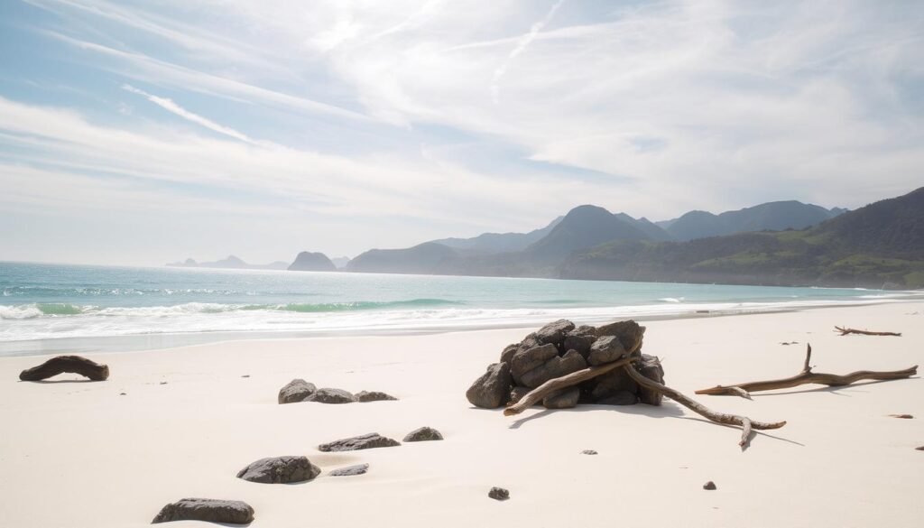 A tranquil Tasmanian beach, with soft white sand and gentle waves lapping at the shore. In the foreground, sun-dappled rocks and driftwood create a natural, rugged scene. The middle ground features a panoramic vista of the coastline, with towering cliffs and lush, verdant hills in the distance. The sky is a soft, hazy blue, with wispy clouds drifting overhead, casting a warm, golden glow over the entire landscape. The atmosphere is one of serene isolation, inviting the viewer to experience the peaceful solitude of this remote, untamed corner of Australia. A tranquil Tasmanian beach, with soft white sand and gentle waves lapping at the shore. In the foreground, sun-dappled rocks and driftwood create a natural, rugged scene. The middle ground features a panoramic vista of the coastline, with towering cliffs and lush, verdant hills in the distance. The sky is a soft, hazy blue, with wispy clouds drifting overhead, casting a warm, golden glow over the entire landscape. The atmosphere is one of serene isolation, inviting the viewer to experience the peaceful solitude of this remote, untamed corner of Australia.