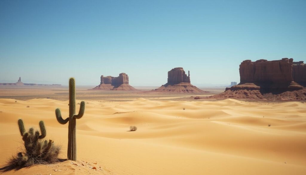 A vast, sun-baked desert landscape stretches out before the viewer, its undulating dunes cast in warm, golden hues. In the foreground, a lone, weather-worn cactus stands sentinel, its spiny silhouette etched against the cloudless, azure sky. In the middle ground, dramatic rock formations in shades of ochre and sienna rise up, their jagged edges and weathered surfaces hinting at the ancient, geological forces that shaped this otherworldly terrain. The background fades into the hazy horizon, where the desert seamlessly merges with the sky, creating a sense of boundless, timeless solitude. The overall mood is one of serene tranquility, inviting the viewer to lose themselves in the timeless beauty of this arid, yet captivating, desert realm. A vast, sun-baked desert landscape stretches out before the viewer, its undulating dunes cast in warm, golden hues. In the foreground, a lone, weather-worn cactus stands sentinel, its spiny silhouette etched against the cloudless, azure sky. In the middle ground, dramatic rock formations in shades of ochre and sienna rise up, their jagged edges and weathered surfaces hinting at the ancient, geological forces that shaped this otherworldly terrain. The background fades into the hazy horizon, where the desert seamlessly merges with the sky, creating a sense of boundless, timeless solitude. The overall mood is one of serene tranquility, inviting the viewer to lose themselves in the timeless beauty of this arid, yet captivating, desert realm.