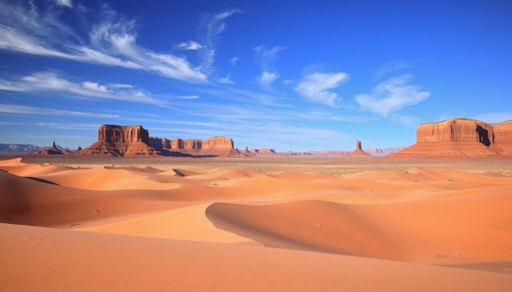 A vast, sun-drenched desert landscape in the Southwestern United States. In the foreground, undulating sand dunes stretch out, their surfaces sculpted by the wind. Towering mesas and buttes rise up in the middle ground, their layered sandstone formations casting dramatic shadows. In the distance, the jagged silhouettes of mountains pierce the horizon, their peaks glowing under the warm, golden light of the setting sun. The sky is a deep, endless azure, with wispy cirrus clouds drifting lazily overhead. An atmosphere of serene, timeless tranquility pervades the scene, inviting the viewer to experience the Southwestern magic of New Mexico's captivating natural wonders. A vast, sun-drenched desert landscape in the Southwestern United States. In the foreground, undulating sand dunes stretch out, their surfaces sculpted by the wind. Towering mesas and buttes rise up in the middle ground, their layered sandstone formations casting dramatic shadows. In the distance, the jagged silhouettes of mountains pierce the horizon, their peaks glowing under the warm, golden light of the setting sun. The sky is a deep, endless azure, with wispy cirrus clouds drifting lazily overhead. An atmosphere of serene, timeless tranquility pervades the scene, inviting the viewer to experience the Southwestern magic of New Mexico's captivating natural wonders.