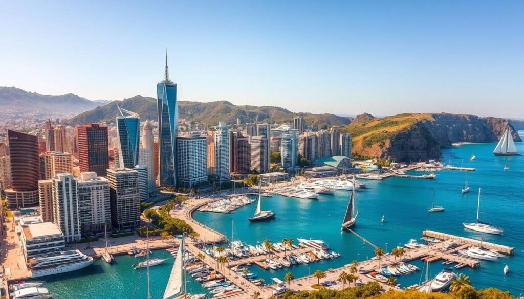 A vibrant cityscape of coastal cities with iconic high-rise buildings, bustling harbors, and sun-drenched promenades. In the foreground, sailboats and yachts dot the sparkling azure waters, while the middle ground showcases a dynamic mix of modern glass-and-steel skyscrapers and historic architecture. The background features rolling hills or dramatic cliffs, creating a stunning natural backdrop. The scene is bathed in warm, golden light, lending an inviting, sophisticated atmosphere. The overall composition captures the energy, diversity, and picturesque beauty of these world-class coastal destinations, renowned for their cutting-edge cuisine and captivating urban landscapes.