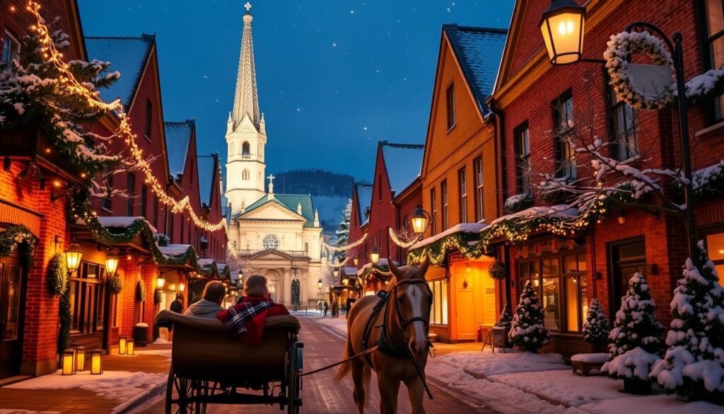Cozy European-inspired holiday lights adorn a quaint village street, with twinkling fairy lights strung between charming brick buildings and snow-dusted pine trees. The warm glow of lanterns and candles in the frosty night creates a magical, nostalgic atmosphere. In the foreground, a horse-drawn carriage carries passengers bundled in cozy blankets, while in the background, a grand cathedral stands tall, its steeple glittering under a starry sky. The scene evokes the enchanting winter wonderland of a picturesque Alpine town, infusing the American landscape with a touch of timeless European flair.