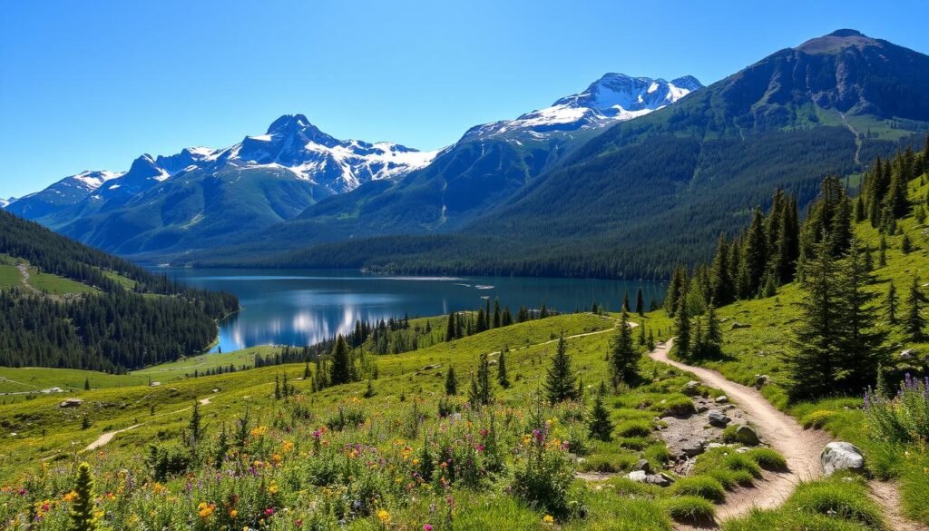 Majestic mountain peaks rise against a clear azure sky, their snow-capped summits glistening in the warm sunlight. Lush, verdant forests cover the rolling hillsides, their canopies teeming with diverse flora and fauna. A pristine alpine lake reflects the dramatic landscape, its mirror-like surface interrupted only by the graceful movements of waterfowl. In the foreground, a winding trail invites hikers to explore the breathtaking natural wonders of this serene, untamed wilderness. Vibrant wildflowers dot the landscape, adding pops of color to the overall scene. Crisp, clean air and the soothing sounds of rushing streams create a sense of tranquility and awe-inspiring beauty. Majestic mountain peaks rise against a clear azure sky, their snow-capped summits glistening in the warm sunlight. Lush, verdant forests cover the rolling hillsides, their canopies teeming with diverse flora and fauna. A pristine alpine lake reflects the dramatic landscape, its mirror-like surface interrupted only by the graceful movements of waterfowl. In the foreground, a winding trail invites hikers to explore the breathtaking natural wonders of this serene, untamed wilderness. Vibrant wildflowers dot the landscape, adding pops of color to the overall scene. Crisp, clean air and the soothing sounds of rushing streams create a sense of tranquility and awe-inspiring beauty.