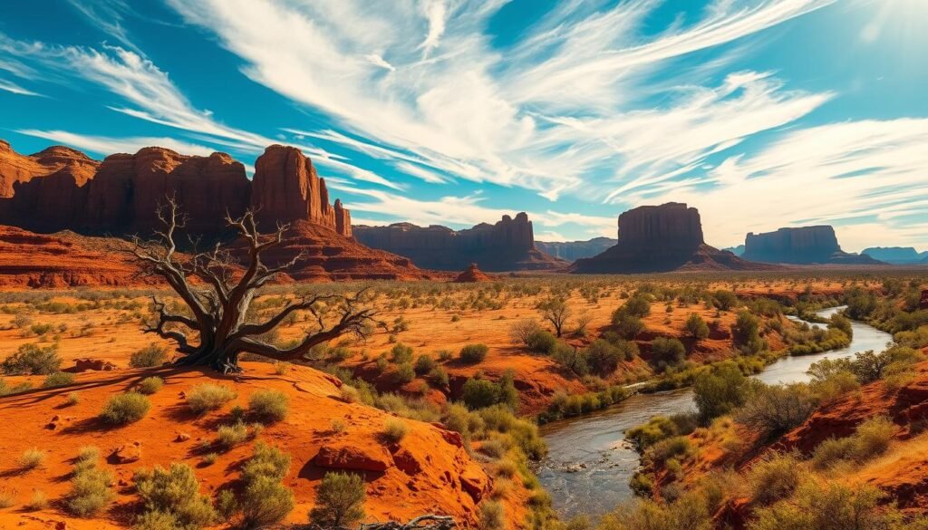 Sprawling red desert landscapes, dotted with towering sandstone formations and gnarled, ancient trees under a brilliant azure sky. In the foreground, a winding river cuts through the rugged terrain, its banks lined with lush greenery. Warm, golden light filters through wispy cirrus clouds, casting a gentle glow over the scene. Capture the majestic, untamed essence of Western Australia's natural wonders, framed by a wide, cinematic lens to convey a sense of scale and grandeur. Evoke a mood of awe, tranquility and timelessness. Sprawling red desert landscapes, dotted with towering sandstone formations and gnarled, ancient trees under a brilliant azure sky. In the foreground, a winding river cuts through the rugged terrain, its banks lined with lush greenery. Warm, golden light filters through wispy cirrus clouds, casting a gentle glow over the scene. Capture the majestic, untamed essence of Western Australia's natural wonders, framed by a wide, cinematic lens to convey a sense of scale and grandeur. Evoke a mood of awe, tranquility and timelessness.